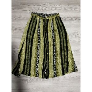 Vintage ABI Green Black Tribal Print Rayon Midi Skirt Button Front Plus Size 2X